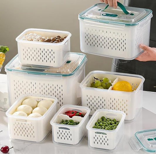 Upgraded Fresh Produce Vegetable Fruit Storage Containers，Large Fruit Containers for Fridge with Lid Vent Handle and Colander ，Keep Berry Fruit Vegetable Food Meat Fresh Longer (5)
