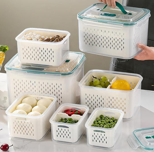 Upgraded Fresh Produce Vegetable Fruit Storage Containers,Large Fruit Containers for Fridge with Lid Vent Handle and Colander ,Keep Berry Fruit Vegetable Food Meat Fresh Longer (4)