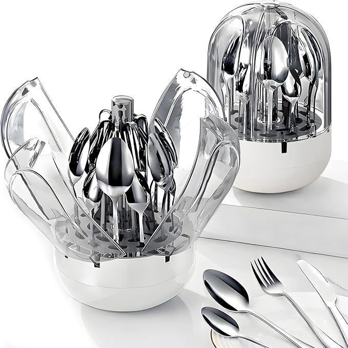 Silverware Flatware Organizers, 24 Piece Silverware Set with Organizer Box, Stainless Steel Silverware Set for 6, Kitchen Flatware Set, Cutlery Set of Steak Knives, Forks, Spoons & Dessert Spoons
