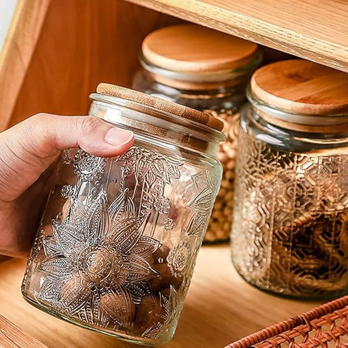 ANSQU Vintage Glass Jar with Lid, 23.7oz Airtight Glass Storage Canister Glass Food Storage Containers for Kitchen Counter, Pantry, Decorative Jar for Coffee, Tea, Sugar, Candy Cute Jar