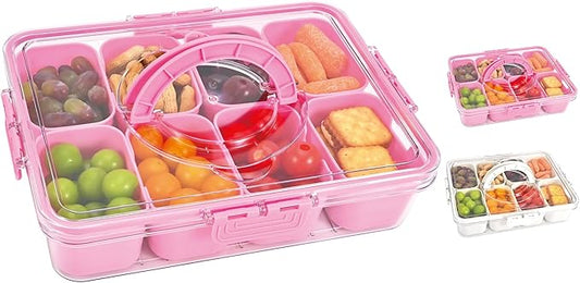 Snackle Box Container, 8 Compartment Divided Serving Tray with Lid and Handle, Snack Box Container for Candy, Fruit and Snacks, Great for Gatherings, Outings, Parties and Entertaining（Pink）