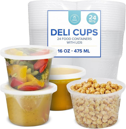 16oz Food Storage & Soup Containers with Airtight Lids - Clear Plastic Deli Cups - Great for Your Slime Kit - BPA Free | Leakproof - Microwaveable - Reusable - Dishwasher & Freezer Safe (24 pack)