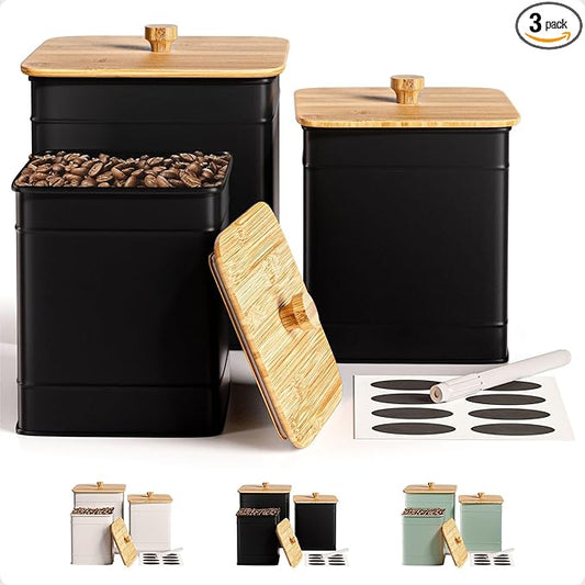 Kitchen Canisters for Countertop Set of 3 with Customizable Chalkboard Labels & Marker Pen - Big Iron Kitchen Canisters with Airtight Lids - Black Canister Set - Flour and Sugar Containers Farmhouse