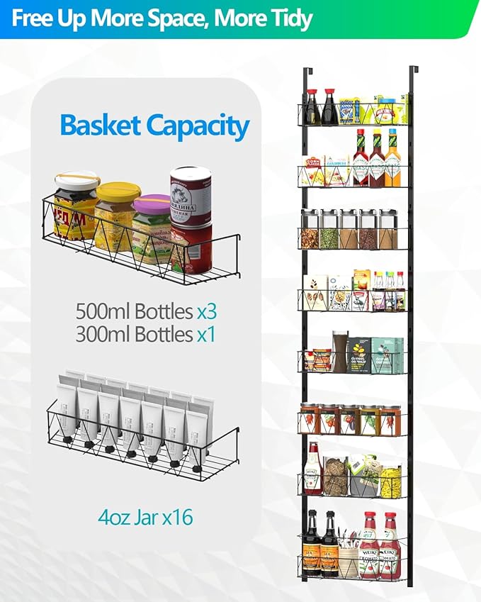 Over The Door Pantry Organizer, Kitchen Organizers and Storage - 8-Tier Pantry Organizers and Storage, Over The Door Organizer for Laundry Room Bathroom Organization, Metal Hanging Spice Rack