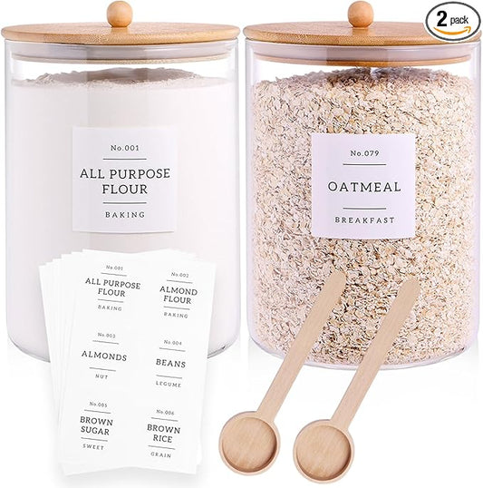 2 Pcs Large Jar with Lid for Kitchen Counter with 132 Pantry Labels and Spoon,Glass Canister Food Storage Container, Flour Container, Kitchen Storage Jars for Candy, Cookie (100oz X 2)