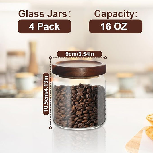 16oz Glass Airtight Food Storage Jars with Acacia Wood Lid - Kitchen Canisters for Coffee,Tea,Sugar,Spices,Herbs,and Candy - Airtight,Eco-Friendly, and Stylish for Pantry or Countertop (4PCS)