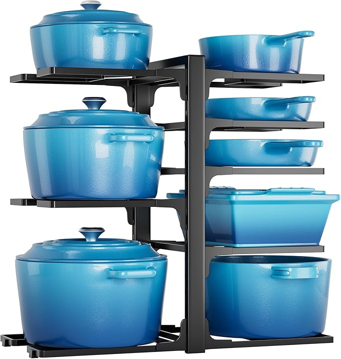 Pots and Pans Organizer Under Cabinet, Heavy Duty 8 Tier Pan Organizer–Carbon Steel Pan Rack, No Assembly Required, Perfect for Cast Iron Skillets, Dutch Ovens, Frying Pans, Pots, and Trays