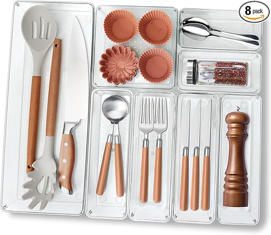 Criusia Utensil Drawer Organizer for Kitchen, 8 Pack Silverware Organizer Utensil Holder, Clear Plastic Drawer Dividers for Flatware, Cutlery, Kitchen Gadgets Accessories, Organizador de Cocina