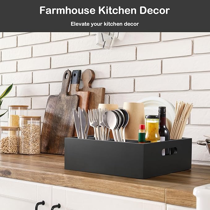 Black Wood Utensil Holder for Party - Paper Plate Organizer for Countertop - Silverware Caddy with 6 Compartments for Plate Cup Fork Spoon - Cutlery Holder for Kitchen Camping Buffet
