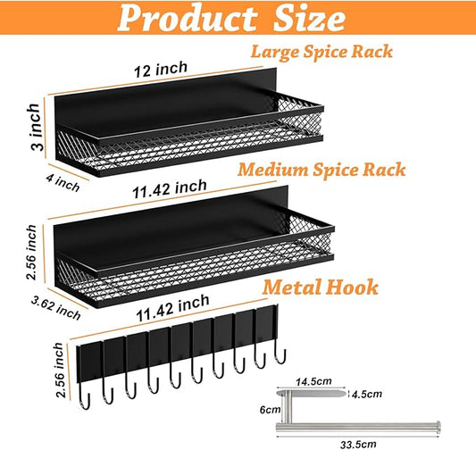 Magnetic Spice Rack for Refrigerator Organizers, 3 Tier Magnetic Shelf with Towel Rack, Square Storage Basket & Two Sticky Hooks, Kitchen Organizers