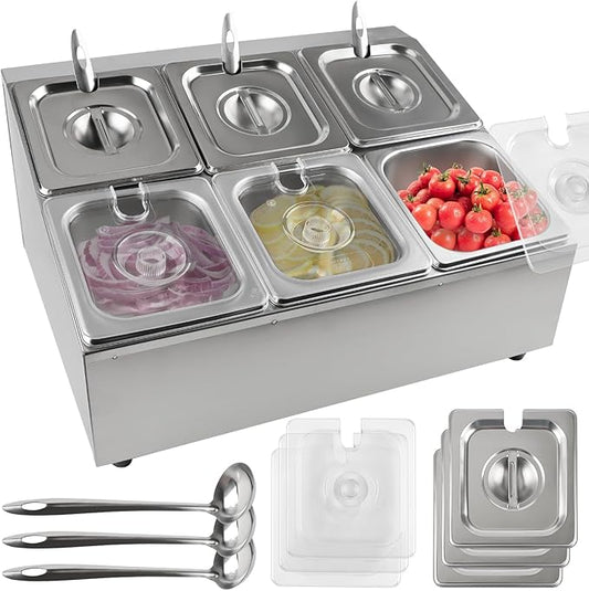 Lanstics 6 Pans Spice Rack Shelf 2 Row Stainless Steel Spice Organizer Stand with Lids Spoons Countertop Inclined Holder Buffet Containers Set for Sauce Jam Fruits Ingredient Kitchen Restaurant Pantry