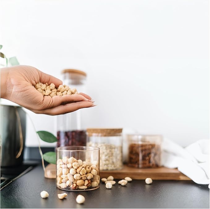 WHOLE HOUSEWARES Glass Jars with Bamboo Lids - 4-Piece Modular Set (33.8oz, 25.4oz, 15.2oz, 11.2oz) with Modern Wooden Lids - Transparent, Fresh & Convenient Air Tight Pantry Storage Containers