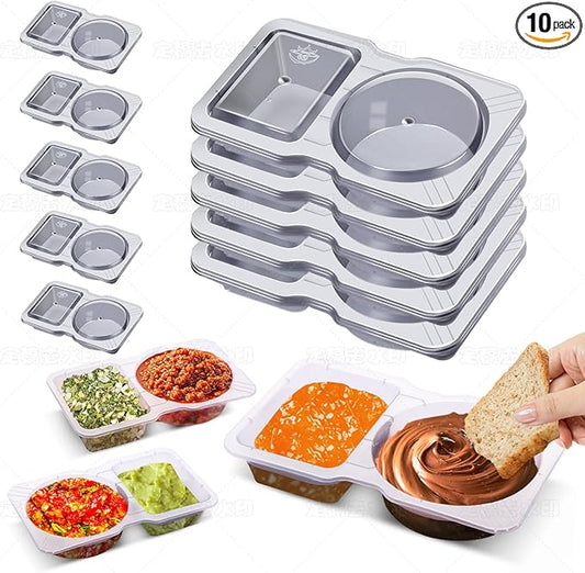 10 Sets Double Compartment Condiment Container With Lids, Reusable Snack Container for Sauces and Snacks, Disposable Snack Containers, Ideal for On-the-Go Meals and Parties (10Pack)