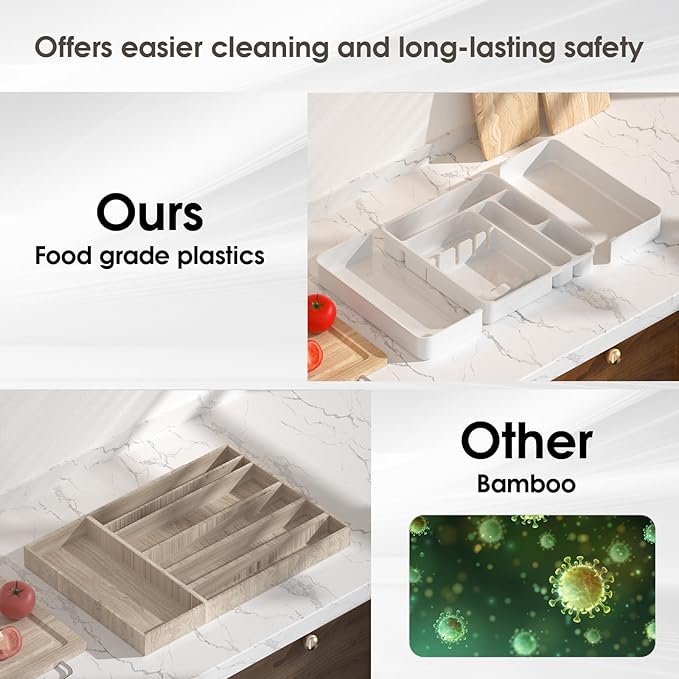 Silverware Organizers for Kitchen Drawers, Expandable Kitchen Drawer Organizer for Large Utensils, Drawer Utensil Organizer, Stackable Spoon Organizer Drawer, White Silverware Organizer Tray