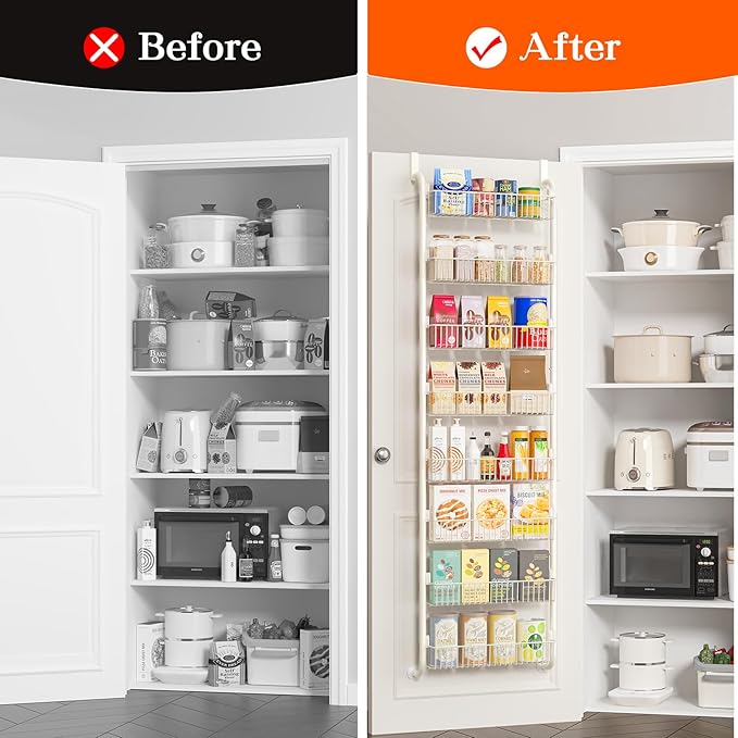 Over the Door Pantry Organizers and Storage, 8-Tier Spice Rack, Home & Kitchen Storage Shelves for Cabinet, Large Capacity Hanging Seasoning Organizer, Laundry Room Organization, White