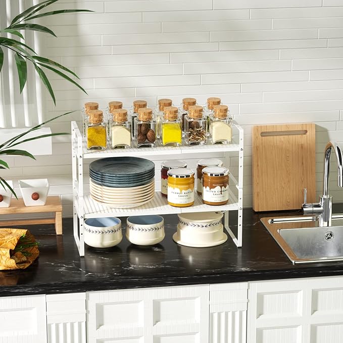 Cabinet Shelf Organizer Expandable Spice Rack Stackable Countertop Organizer Shelves Space Saving Pantry Counter Under Sink Shelves Inside Cabinet Storage,White,2 Packs