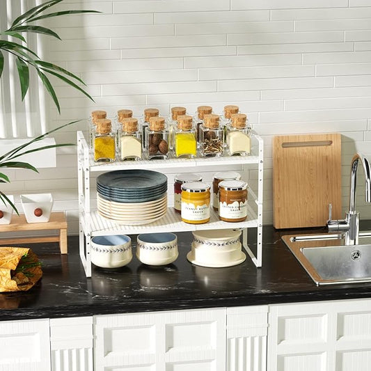Cabinet Shelf Organizer Expandable Spice Rack Stackable Countertop Organizer Shelves Space Saving Pantry Counter Under Sink Shelves Inside Cabinet Storage,White,2 Packs