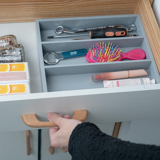 Silverware Organizer Bamboo Kitchen Drawer Organizer, Flatware Organizer Tray for Kitchen, Flatware, Utensils（Gray）