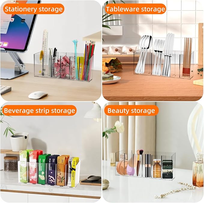 Acrylic Cutlery Storage Organizer Holder Silverware Caddy for Kitchen Countertop -Holds Fork, Knife, Spoon, Silverware - 6 Divided Sections Transparent