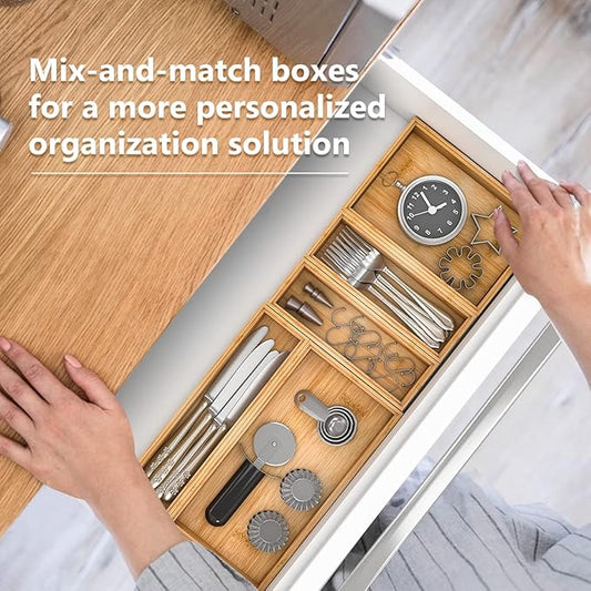 Bambloom Bamboo Kitchen Drawer Organizer, Stackable Silverware Tray Utensil Organizer Cutlery Holder for Kitchen Drawers, Wooden Storage Box for Bathroom Countertop, Multi-Use Drawer Organizer for
