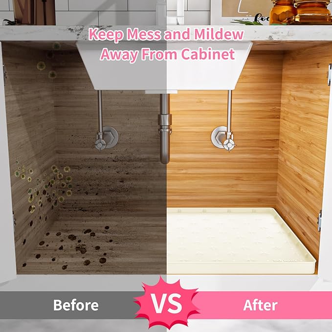 Sdpeia Under Sink Mat for [25" x 19"] Cabinet, Upgraded Silicone Waterproof Mat Kitchen Cabinet Liner Cabinet Protector Kitchen Organizers and Storage