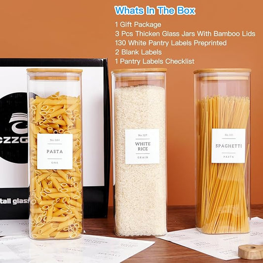 3 Pack Square Glass Kitchen Storage Jars with Airtight Bamboo Lids and 132 Pantry Labels - 80oz Glass Canisters with Wood Lids - Glass Food Storage Containers for Spaghetti, Pasta, Fettuccine