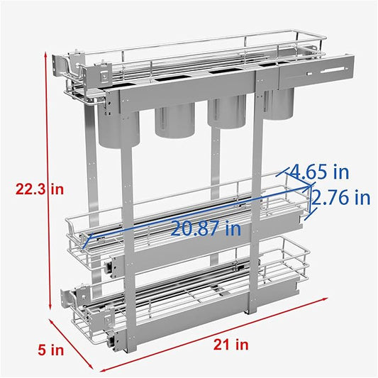 3-Tier 5" W x 21" D Narrow Pull Out Cabinet Organizer, Roll out Spice Rack Holder Shelve, Slide Out Slim Storage Wire Baskets for Storage Organization