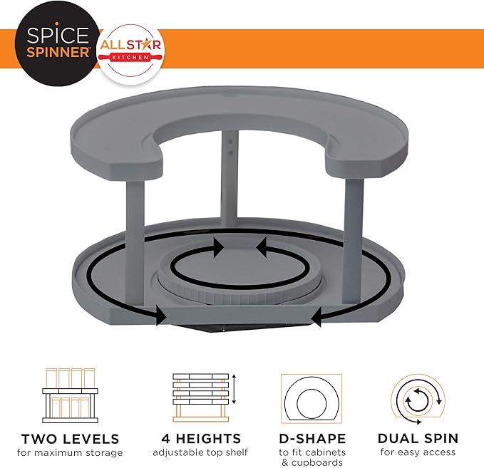 Allstar Innovations Spice Spinner Two-Tiered Spice Organizer & Holder That Saves Space, Keeps Everything Neat, Organized & Within Reach With Dual Spin Turntables- Grey