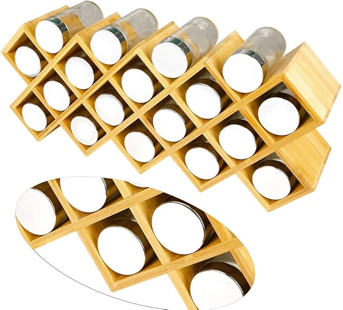Criss-Cross 18-Jar Bamboo Countertop Spice Rack Organizer, Kitchen Cabinet Cupboard Wall Mount Door Spice Storage, Fit for Round and Square Spice Bottles, Free Standing for Counter, Cabinet or Drawers