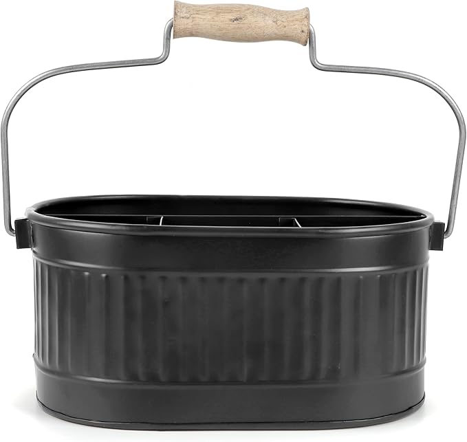 CLEENTABLE Rustic Galvanized Utensil Caddy - Farmhouse Silverware Holder for Kitchen, Dining, Picnic, Parties - Matte Black, 12-Inch, Durable Cutlery Organizer with Handle, Countertop Storage