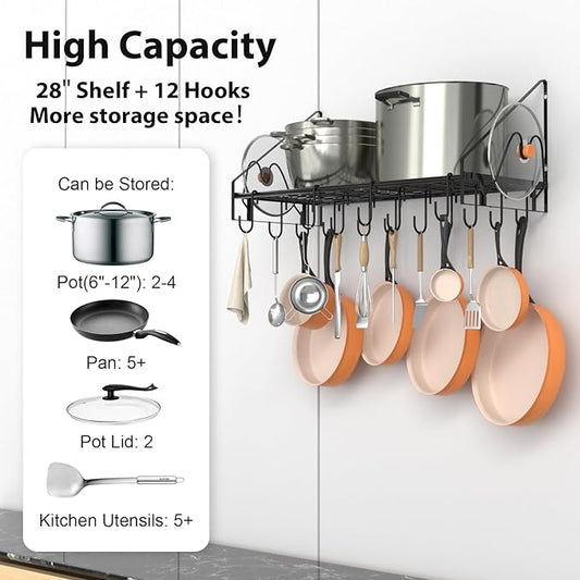 35 Inch Pot Rack Wall Mounted, Pots and Pans Organizer with 12 Hooks and 2 Pot Lid Holders, Heavy Duty Steel Pot and Pan Hanger for Kitchen Cookware Utensils Storage 34.7" Lx13 Wx12.6 H
