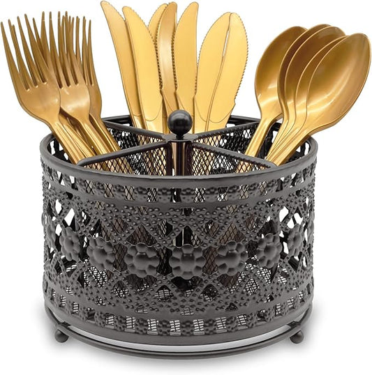 360° Rotating Metal Utensil Caddy - 4 Compartment Vintage Silverware Cutlery Holder Fork Spoon Napkin Organizer Flatware Storage Basket Party Countertop Buffet Picnic Camping Outdoor Black