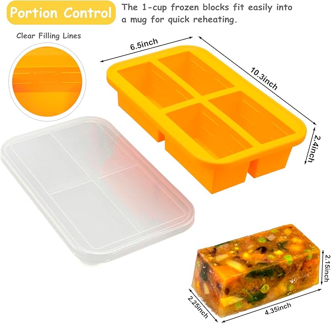 Bangp 1-Cup Silicone Freezing Tray with Lid,Soup Freezer Molds,Silicone Meal Prep Containers,Silicone Molds for Soup and Food Storage - Makes 4 Perfect 1 Cup Portions