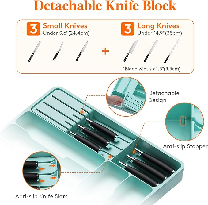 Lifewit Silverware Organizer for Kitchen Drawer, Expandable Utensil Tray with Removable Knife Block, Adjustable Cutlery Flatware Holder, Plastic Spoon Forks Holder Storage Divider, Large, Turquoise