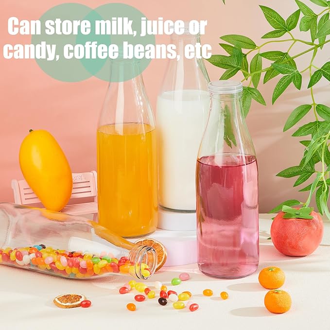 Zubebe 12 Pack Small Glass Milk Bottles Clear Mini Party Bottles with Lids Glass Juice Jars Reusable Small Milk Jars Vintage Breakfast Shake Containers for Baby Shower Birthday Party Favors(33.8 oz)