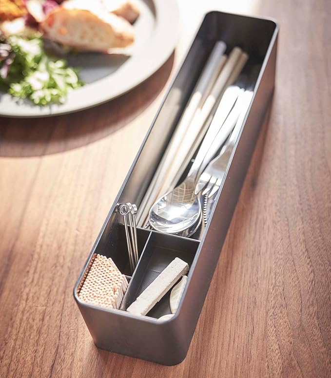 Yamazaki Home Rin Utensil Case Knife Fork Spoon Silverware Cutlery Holder With Divider, Portable For Kitchen Counter Or Table - Plastic + Wood