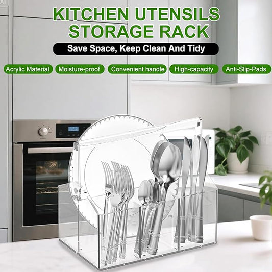Silverware Organizer, Paper Plate Holders, Cutlery and Flatware Caddy for Countertop, Table, Buffet, and Picnic - Acrylic Party Utensil Holder for Knives, Forks, Spoons, Plates, Napkins
