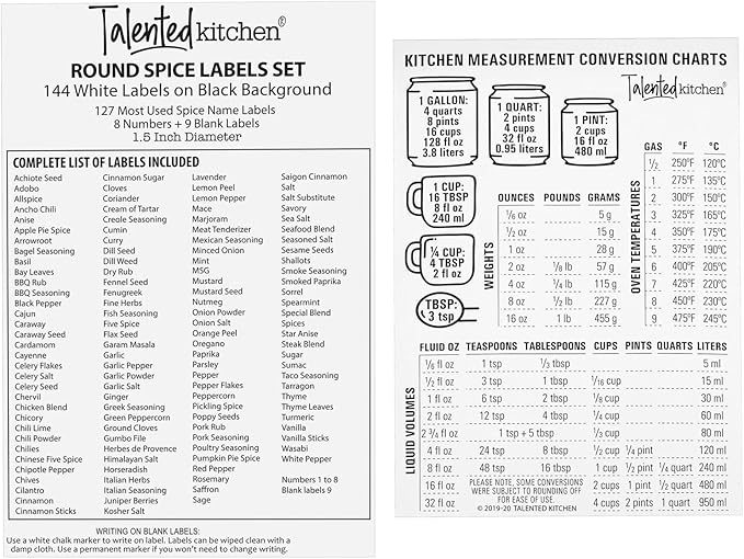 Talented Kitchen 24 Magnetic Spice Jars with Sift-and-Pour Lids for Refrigerator with 6 Metal Plate Bases and 269 Preprinted Seasoning Labels in 2 Styles for 3 oz Herb Containers
