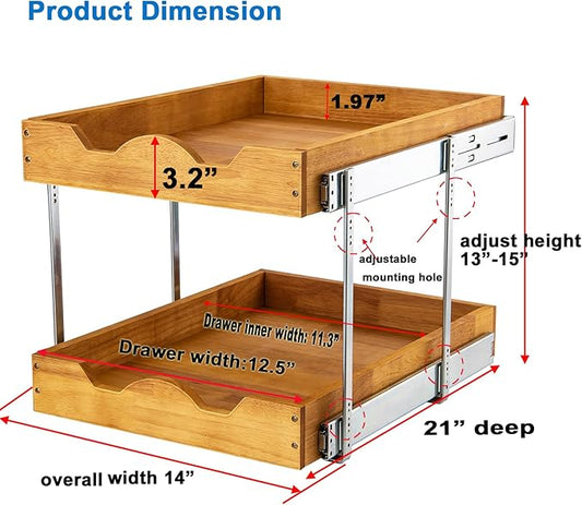 DINDON 2 Tier Pull Out Cabinet Organizer (14" W x 21" D) Double Tier Slide Out Wood Drawer Under Cabinet Storage And Organization