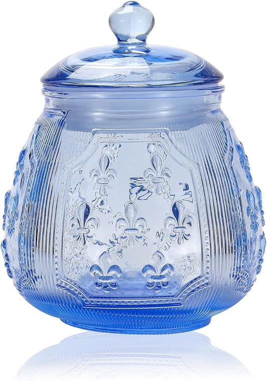 Vintage Blue Relief Glass Candy Dish With Airtight Lid For Food Storage,Candy Jars With Lids,Kitchen glass Airtight container Jars For Cookie Cereal Nuts Candy Cookies Coffee Tea,Household,Office,Gift