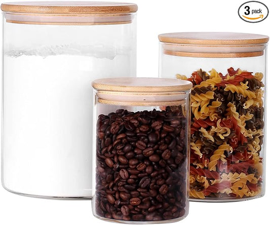 Glass Containers, Set of 3 Airtight Glass Canisters for Flour, Sugar, Rice, Salt (100 OZ/54 OZ/27 OZ)