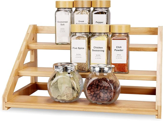 3-Tier Bamboo Spice Rack, Ideal for Kitchen Countertops, Cabinets & Pantries - Modern Design, Space-Saving (Spice Bottles Not Included)