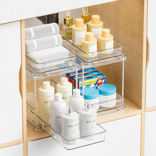 Yieach 2 Pack Bathroom Cabinet Organizers and Storage with Track,Clear Acrylic Under the Sink Organizer for Cupboard,Vanity Countertop Storage Bins,Plastic 2 Tier Pull Out Drawer for Makeup,Medicine