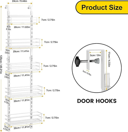 Thideewiz 12 Inches Wide Pantry Door Organizer, 5 Tier Adjustable Hanging Over the Door Spice Rack, Spice Organizer for Pantry Door, Spice Shelf for Kitchen Organizers and Storage (White)