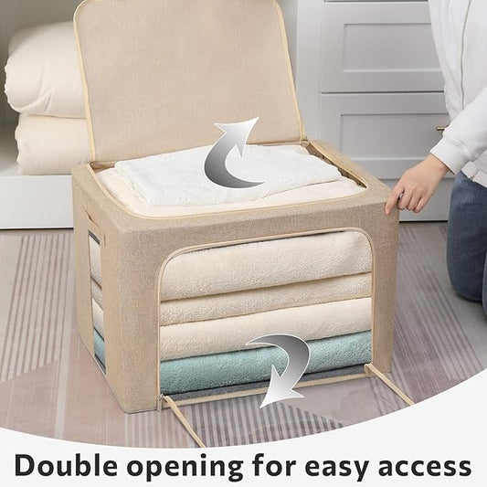 2 Pack Clear Window Storage Bins Large Foldable Fabric Storage Bins Boxes for Clothes Stackable Box Organizer Set with Carrying Handles (Beige, 19.7x 15.7x 12.5 Inch)