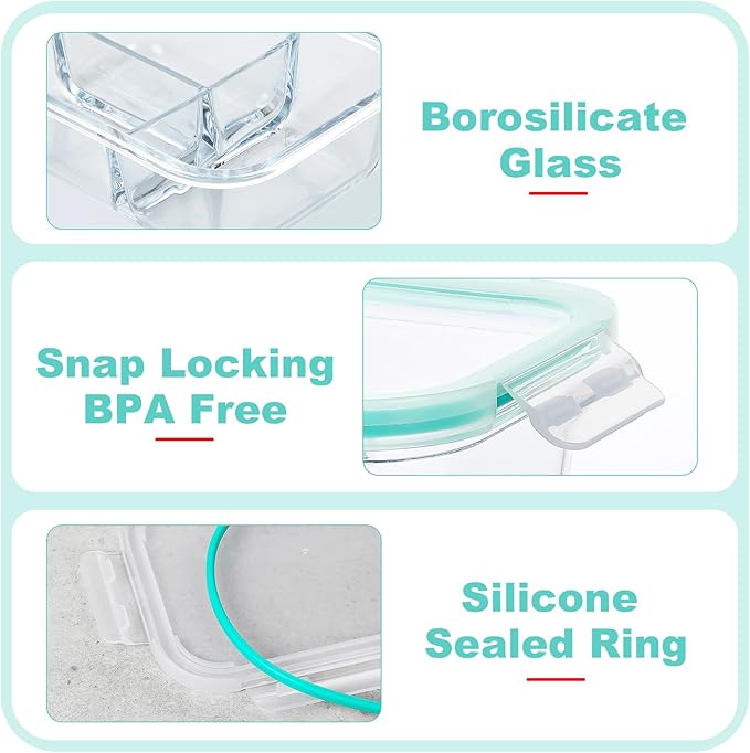 BAYZZ 5 Pack 35 Oz Glass Meal Prep Containers 3 Compartments, Glass Food Storage Containers with Lids, Airtight Bento Box Lunch Container-Microwave, Freezer, Dishwasher Safe,Green