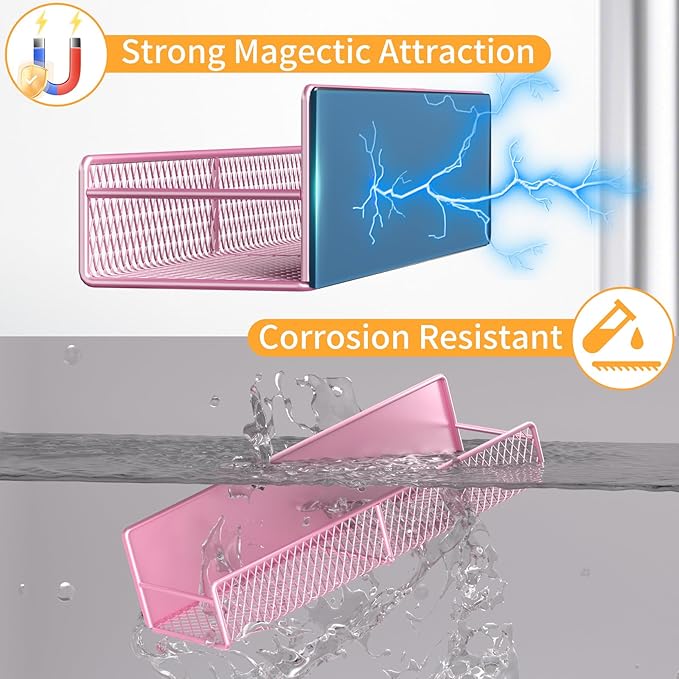 Magnetic Spice Rack for Refrigerator, 2 Pack Metal Magnetic Shelf Pink, Moveable Spice Organizer with Hooks, Super Magnetic Fridge Shelf for Kitchen Organization and Storage