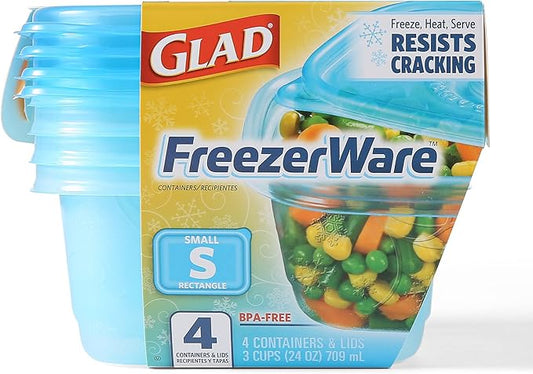 Gladware Freezerware Food Storage Containers, Small Rectangle Holds 24 Ounces of Food, 4 Count Set | Freezer Safe Food Containers to Preserve Freshness | 6 Count, 24 Containers Total