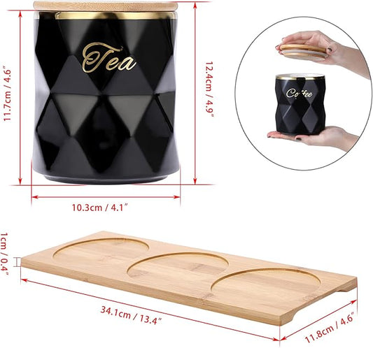 JUXYES Ceramic Canisters Set for Sugar Coffee Tea, Luxurious Storage Containers Set with Lids Decorative Storage Pots Black Storage Jar for Kitchen Counter Dining Room