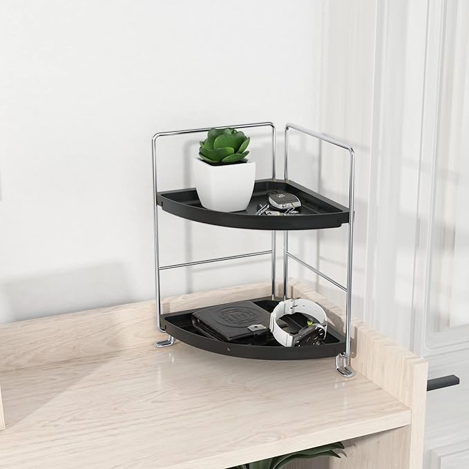 2 Tier Corner Bathroom Countertop Organizer, Tool-Less Installation Vanity Tray for Skincare Makeup Perfume Organizer, Small Plastics Bathroom Storage and Organization (Silver & Black)